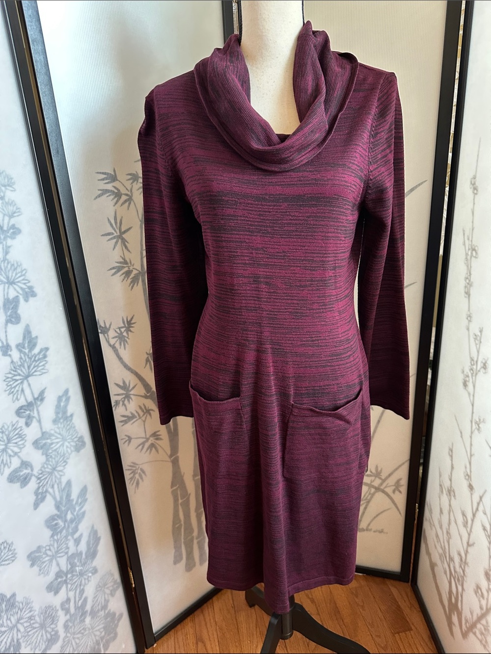 Nina Leonard Plum and Heathered Black Cowl Neck Midi Dress